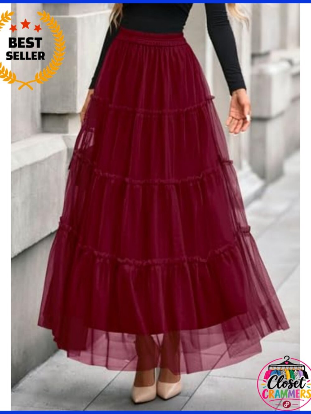 PRETTYGARDEN Women's Tulle Tiered Long A-Line Maxi Skirt High Waist - Picture 4 of 6